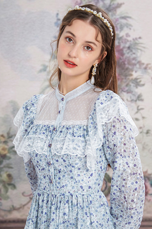 Blue Chiffon Stand Collar French Lace Floral Embroidered Trumpet Long Sleeves Ruffled Sweet Lolita OP Dress