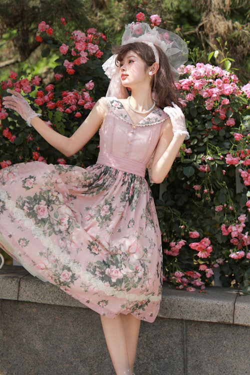ピンクのエレガントなヴィンテージフレンチローズ花柄VカラーノースリーブフリルクラシックロリータJSKドレス
