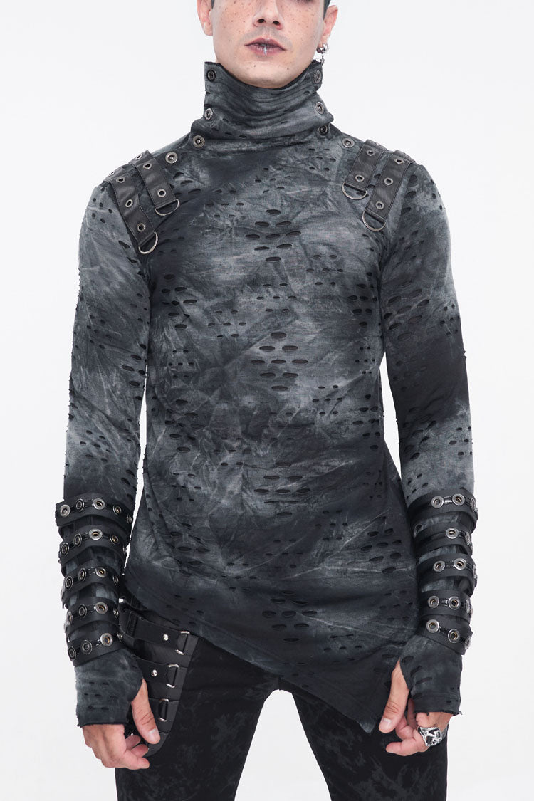 Grey/Black Lrregular Ripped Stand Collar Men's Punk Shirt