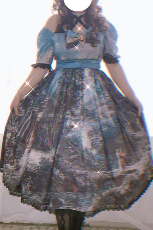 マルチカラースクエアカラーレース半袖油絵プリントプラスサイズハイウエストクラシックロリータOPドレス