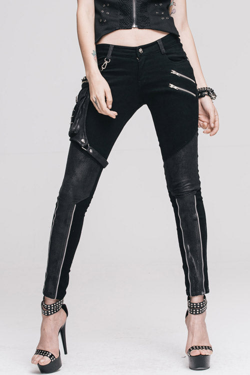 Schwarze Punk Skinny mit Beintasche Damenhose