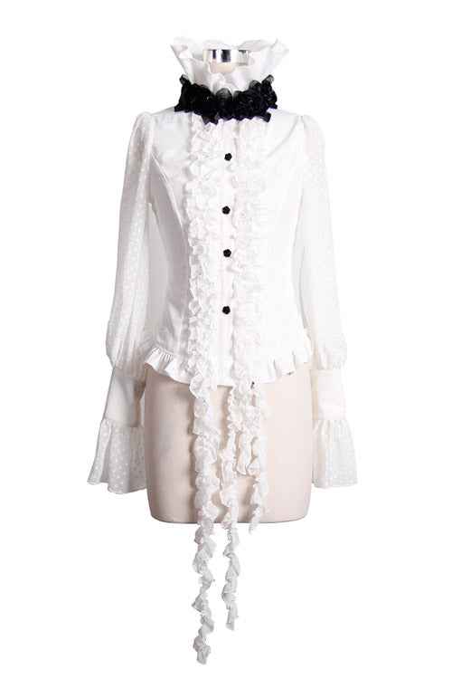 White Lace Up Chiffon Ruffled Dovetail Womens Gothic Blouse