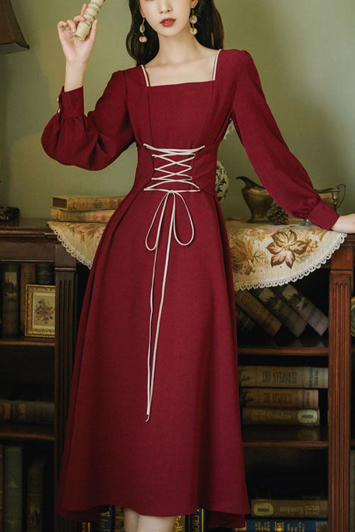 Wine Solid European Manor Square Collar Long Sleeves High Waisted Classic Lolita OP Dress