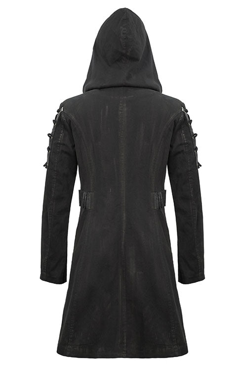 Brown Hooded Denim Tattered Long Mens Punk Coat