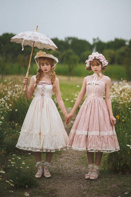 Pink Solid Color Elegant Vintage Rose Multi-Layer Embroidery Ruffled Sweet Lolita JSK Dress