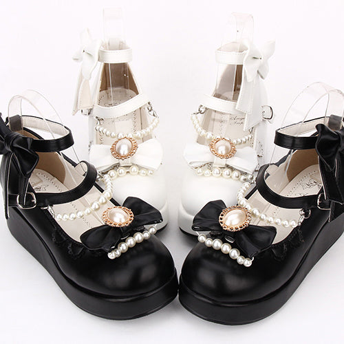 Round toe Bowknot Pearl Chain Classic Lolita Shoes