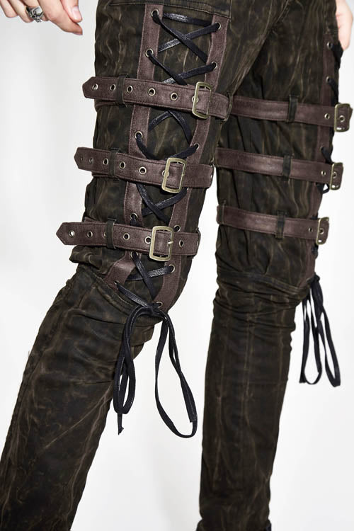 Brown Steampunk Multi Loops Embroider Lace Up Mens Pants