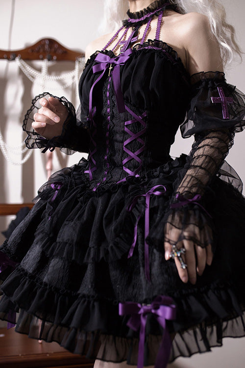 Black Purple Tube Top Sleeveless Blowknot Ruffled Gothic Lolita Tiered Dress