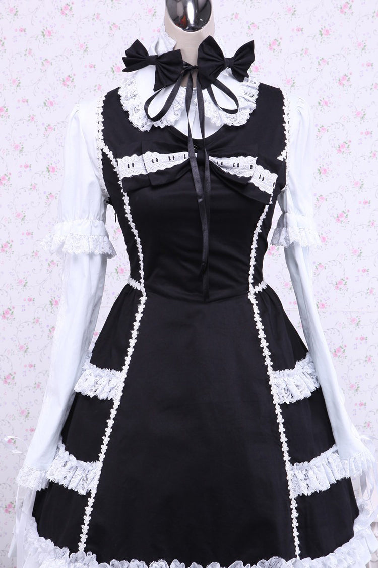 Black/White Cotton Long Sleeves Lace Trim Bowknot Gothic Lolita Dress