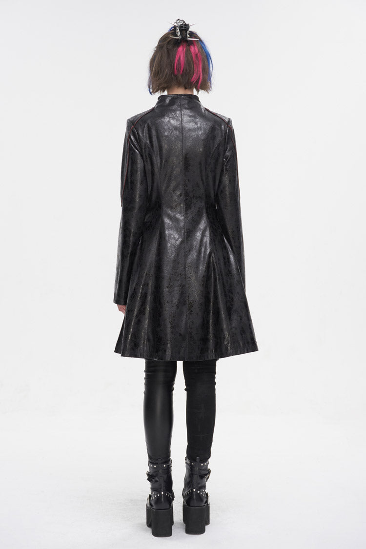 Black Double Buckle Faux Leather Long Women's Punk Coat