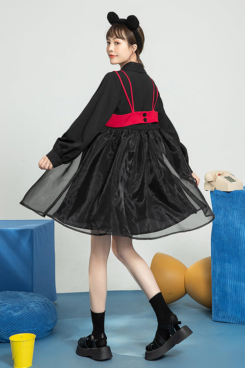 Black Suit Collar Bow Organza Long Sleeves High Waist Sweet Lolita OP Dress