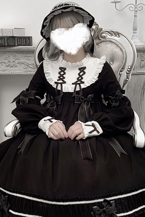Black Bowknot Ruffled Long Sleeves Lolita OP Gothic Lolita Dress
