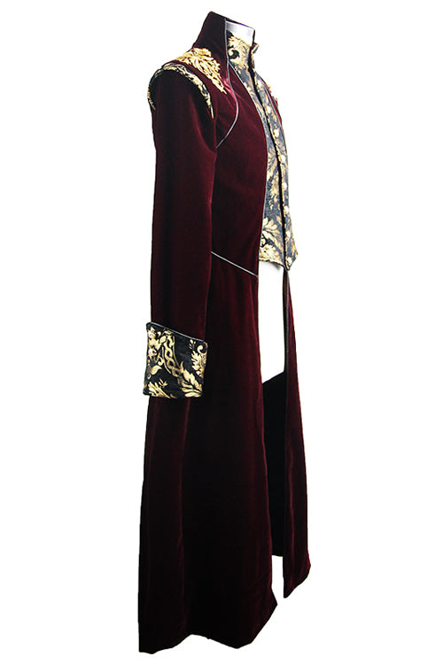 Gothic Embroidery Wine Fleece Mens Long Coat