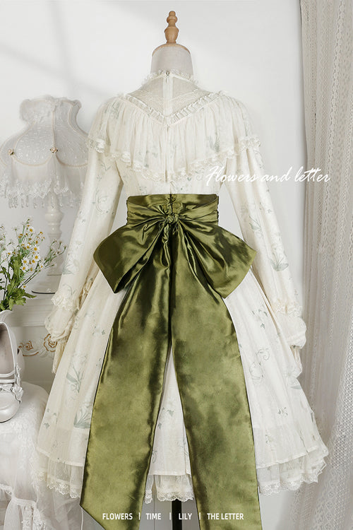 Beige Lace Round Collar Ruffled Lantern Sleeves Fresh Floral Print Sweet Lolita OP Dress