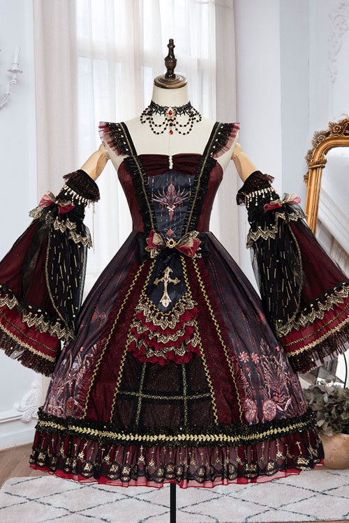 ワインヴィンテージ花嫁アイオブレッドハートちょう結び多層フリルクラシックロリータ JSK ドレス