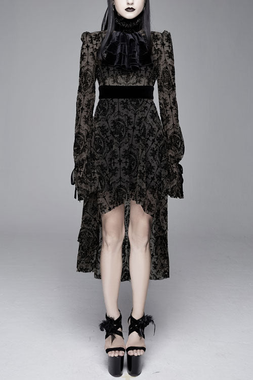 Schwarzes, mit Blumenmuster bedrucktes, langärmliges Samtkleid mit Krawatte für Damen im Gothic-Stil