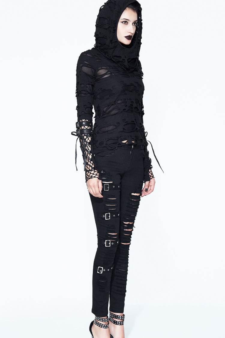 Black Hooded Ripped Finger Covered Splice Mesh Leather Loop Lace Up Women's Punk Shirt