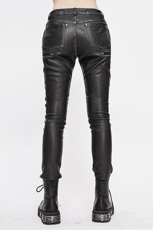 Schwarze Punk Biker Block Shaped Patchwork Hand geriebene Leder Damen Hose