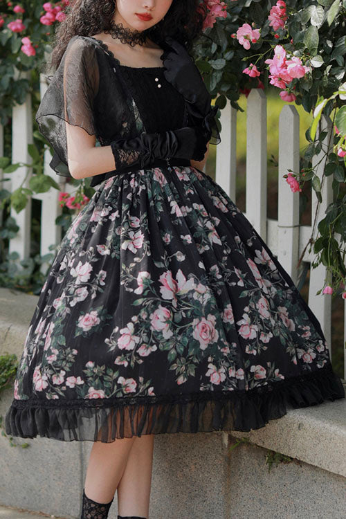 Black Elegant Vintage French Rose Print Square Collar Ruffled Classic Lolita OP Dress