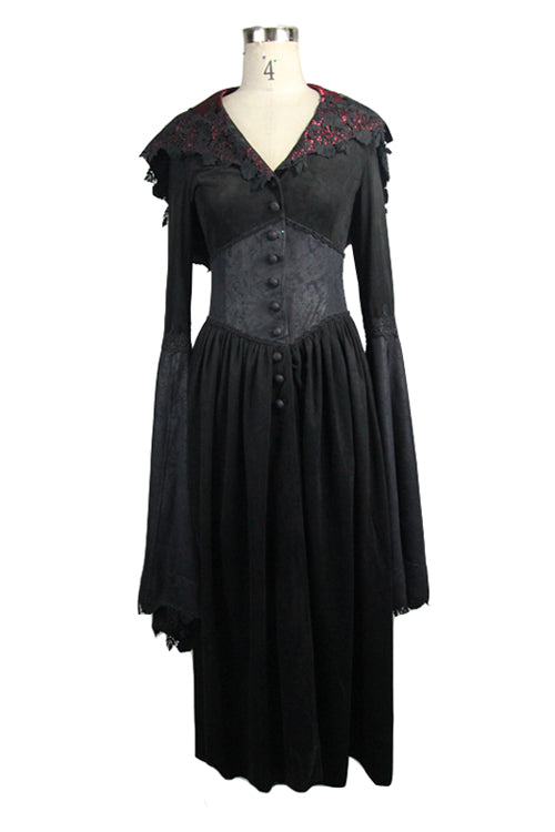 Gothic Black Pointed Hat Velveteen Floral Tunic Womens Coats