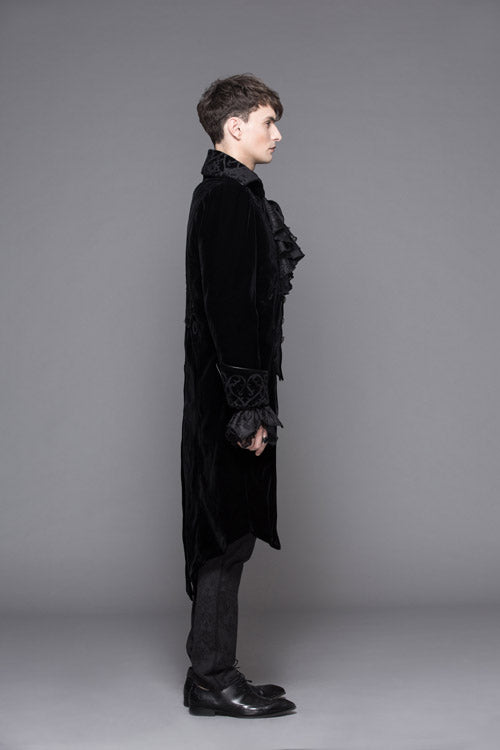 Black Hand Embroidered Fake Two Pieces Long Sleeves Velvet Mens Gothic Coats