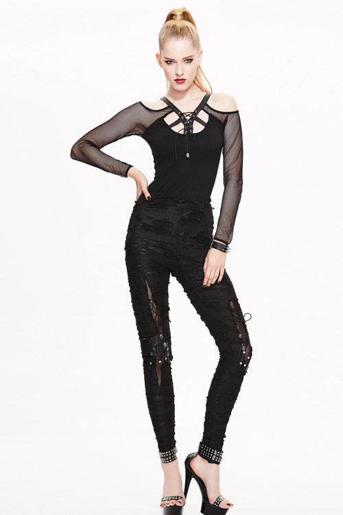 Black Leather Broken Holes Coated Knit Womens Pants