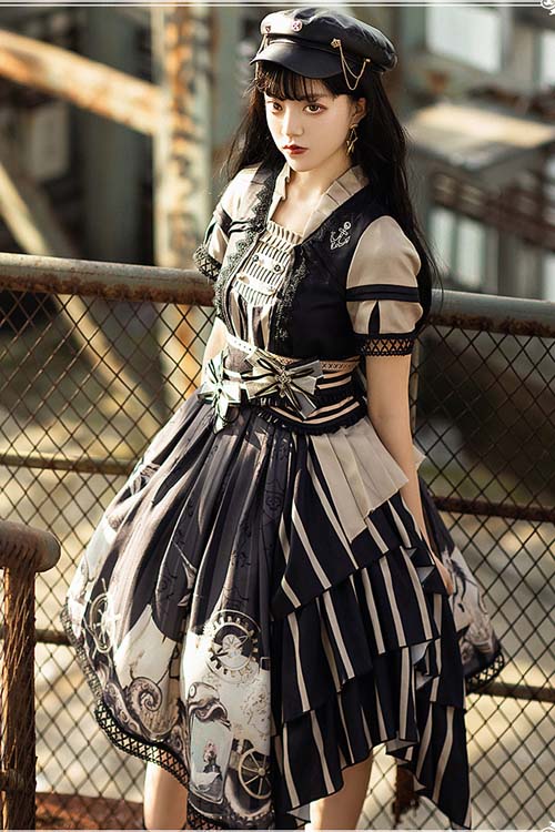 Pirate Boat Series OP Retro Irregular Big Hem Punk Lolita Short Sleeve Dress