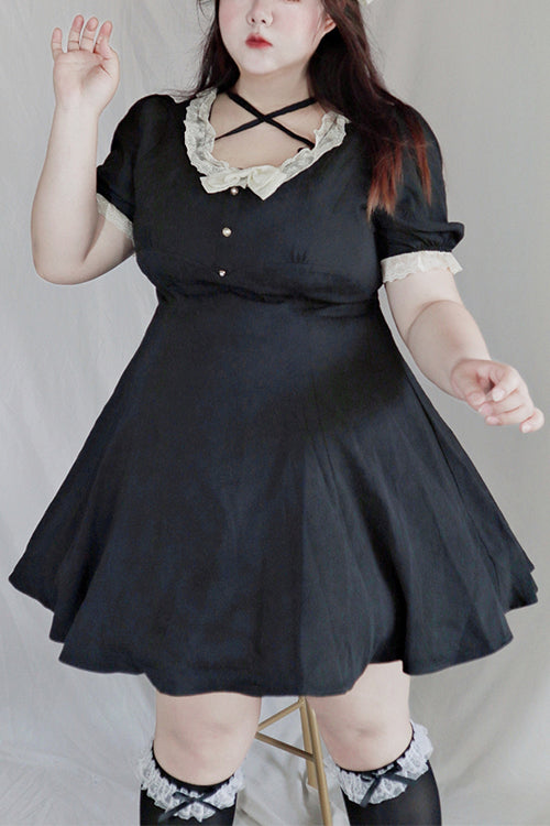 Black Lace Round Collar Short Sleeves High Waisted Plus Size Sweet Lolita Dress