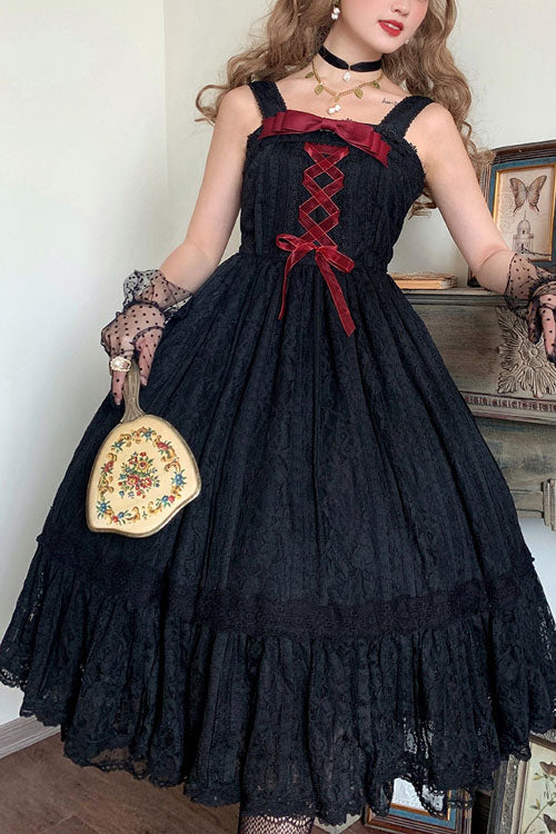 Black Solid Color Elegant Vintage Rose Multi-Layer Embroidery Ruffled Sweet Lolita JSK Dress