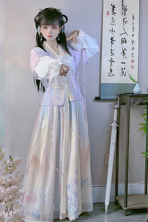 Multi-Color Chinese Style Tang Dynasty Round Collar Print Sweet Hanfu Dress Full Set