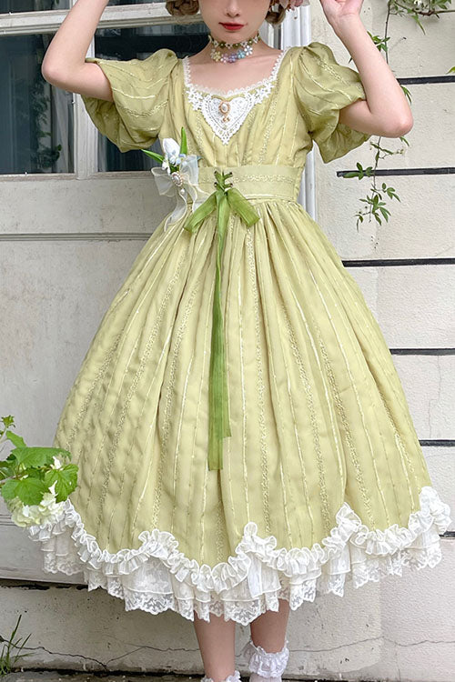 Green Elegant Vintage Square Collar Short Sleeves Multi-Layer Ruffled Classic Lolita OP Dress