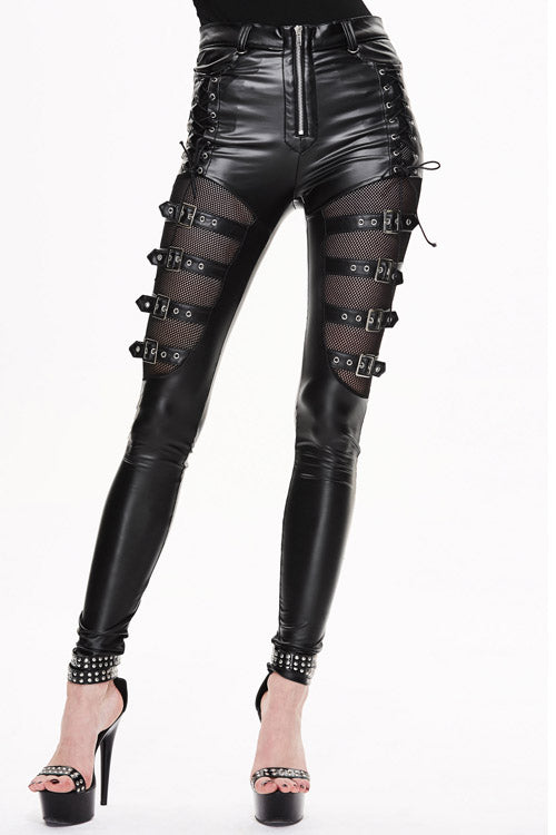 Black Punk Mesh Elastic Biker Leather With Loops Womens Pants