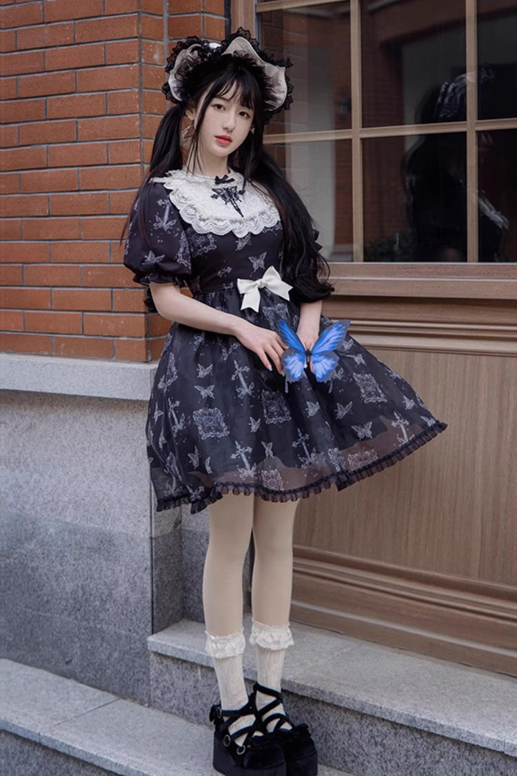 Black Embroidered Butterfly Print Gothic Lolita Dress