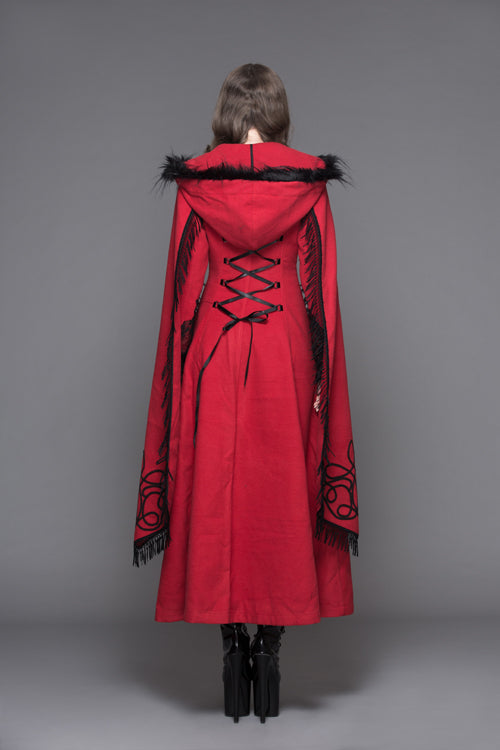 Red Winter Hand Embroidered Shawl Double Sided Long Womens Gothic Coat