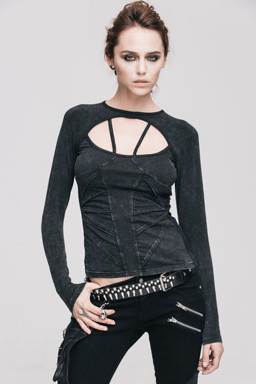 Black Hollow Out Long Sleeves Womens Punk Straps T-Shirt