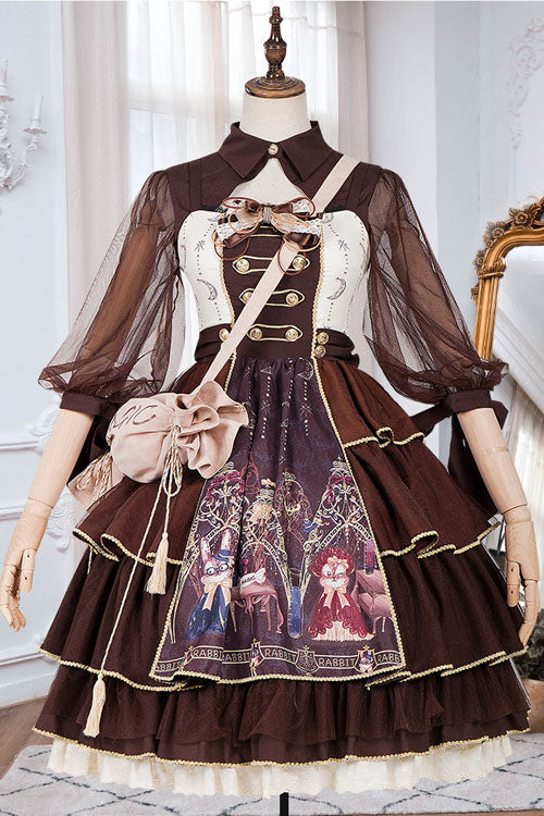 Dark Brown Japanese Country Style Alchemist Theme Bowknot Multi-Layer Ruffled Classic Lolita JSK Dress