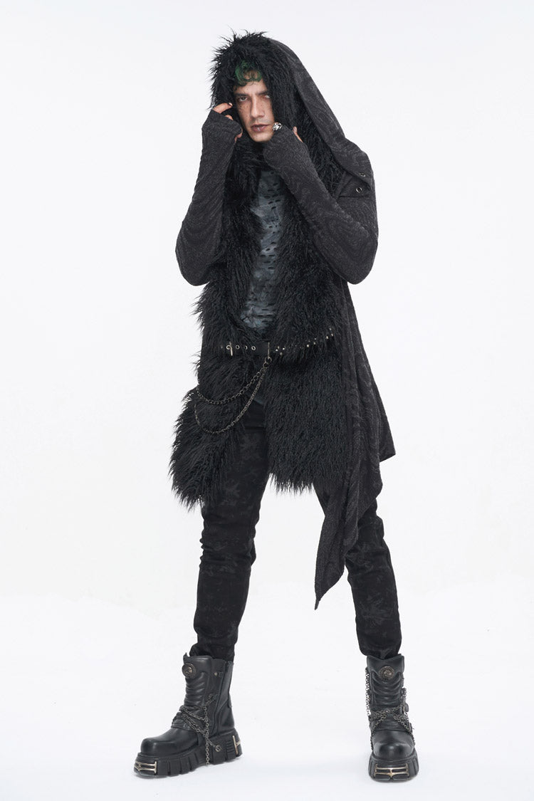 Black Lrregular Back Multi Chain Long Men's Gothic Coat With Hood