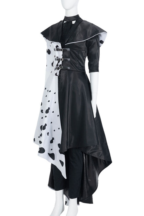 Cruella Dalmatians Black/White Coat Suit Halloween Cosplay Costume Long Coat