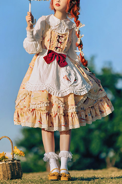 イエローパストラルプリントフリルハイウエストスイートロリータJSKドレス