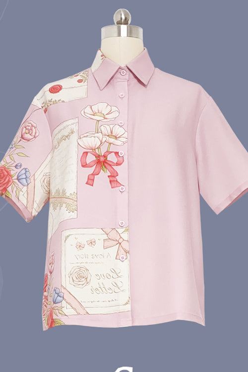 Pink Romance Print Lapel Collar loose Ouji Lolita Short Sleeves