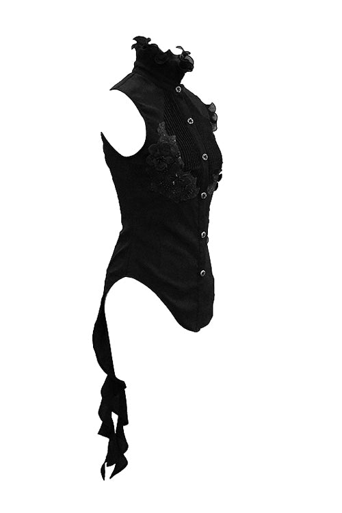 Schwarze Chiffon-Schwalbenschwanz-Bluse mit Rüschen und Spitzenärmeln für Damen im Gothic-Stil