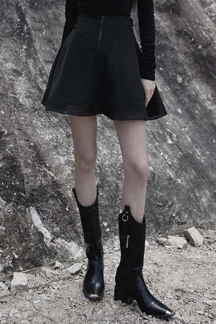 Black Chiffon Plaid Large-Hole Mesh Stitching V-Word Segmentation Design Sun-Hem Women's Punk Skirt