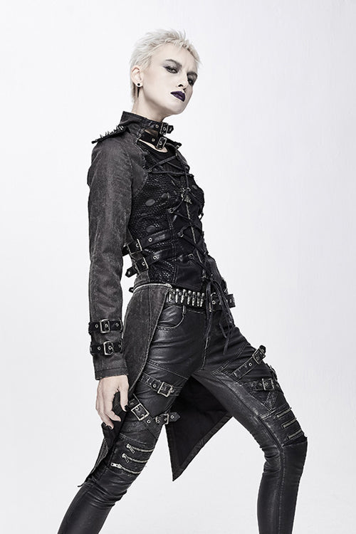 Black Spiked Zipper Up Punk Mesh Womens Coat With Loops
