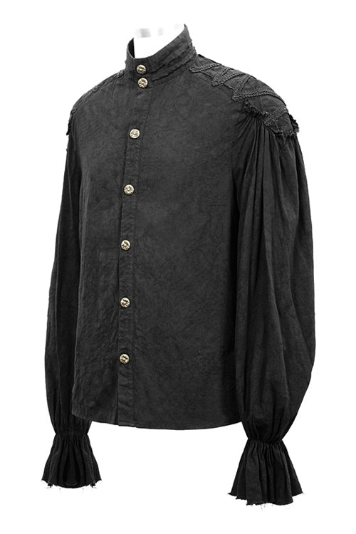 Black Straight Collar Puff Sleeve  Jacquard Mens Punk Blouse