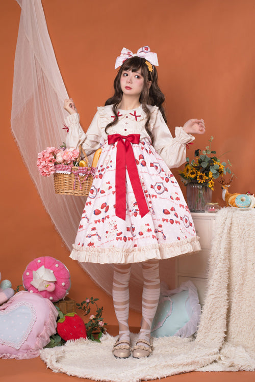 Round Collar High Waist Strawberry Milk Jar Printed Sweet Lolita OP Dress