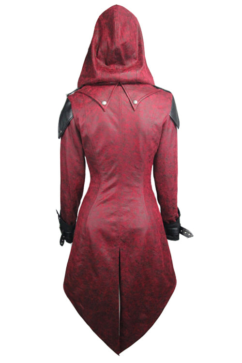 Punk Black And Red Applique Womens Hooded Leather Long Coats