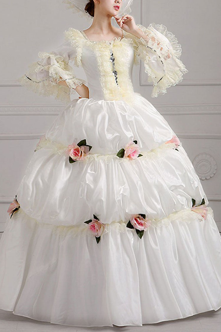 White Court Style High Waisted Flowers Victorian Lolita Prom Dress