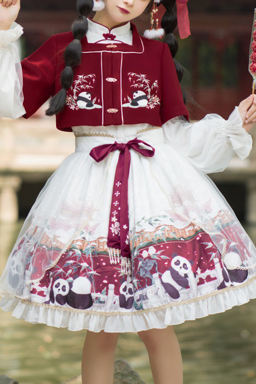 Red/White Chinese Style Lantern Sleeves Panda Print Sweet Lolita OP Dress