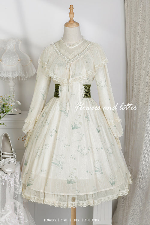 Beige Lace Round Collar Ruffled Lantern Sleeves Fresh Floral Print Sweet Lolita OP Dress