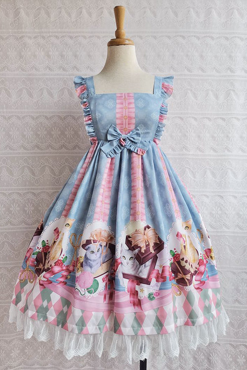 Chocolate Cat Print Ruffled High Waisted Sweet Lolita JSK Dress